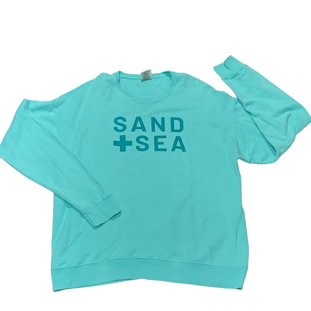 ComfortWash Sand + Sea Graphic Crewneck Sweatshirt Teal Blue Womens Size L‎